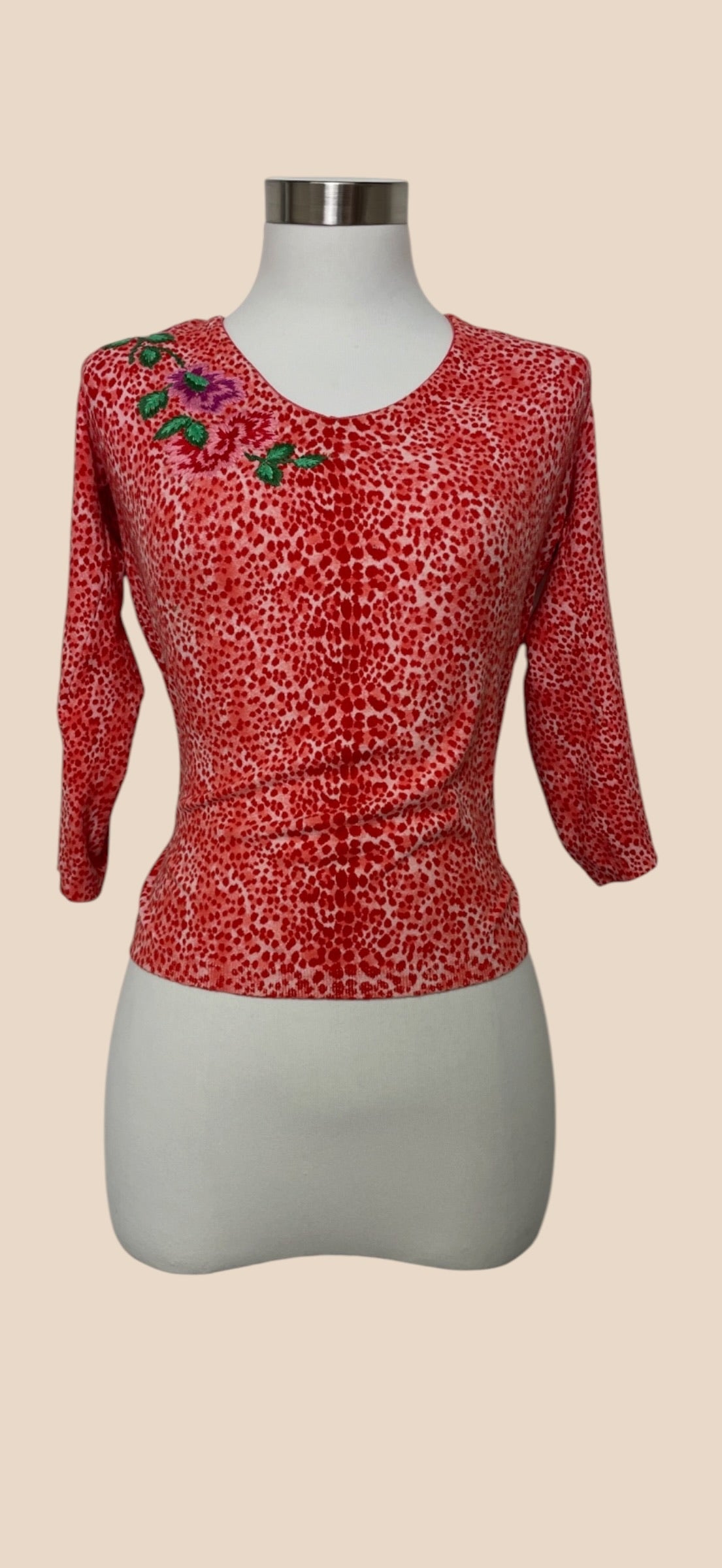 Blumarine Red Animal Print Floral Embroidered Three-Quarter Sleeve Top