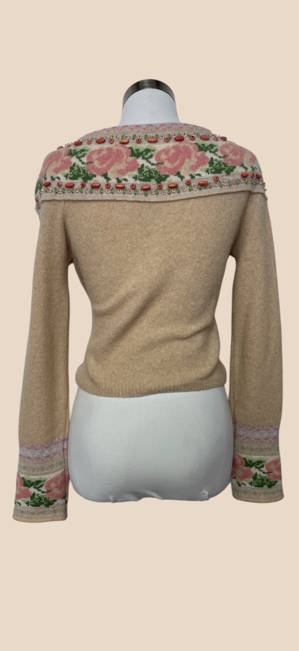 Blumarine Beige Floral Embroidered Beaded Long-Sleeve Cardigan