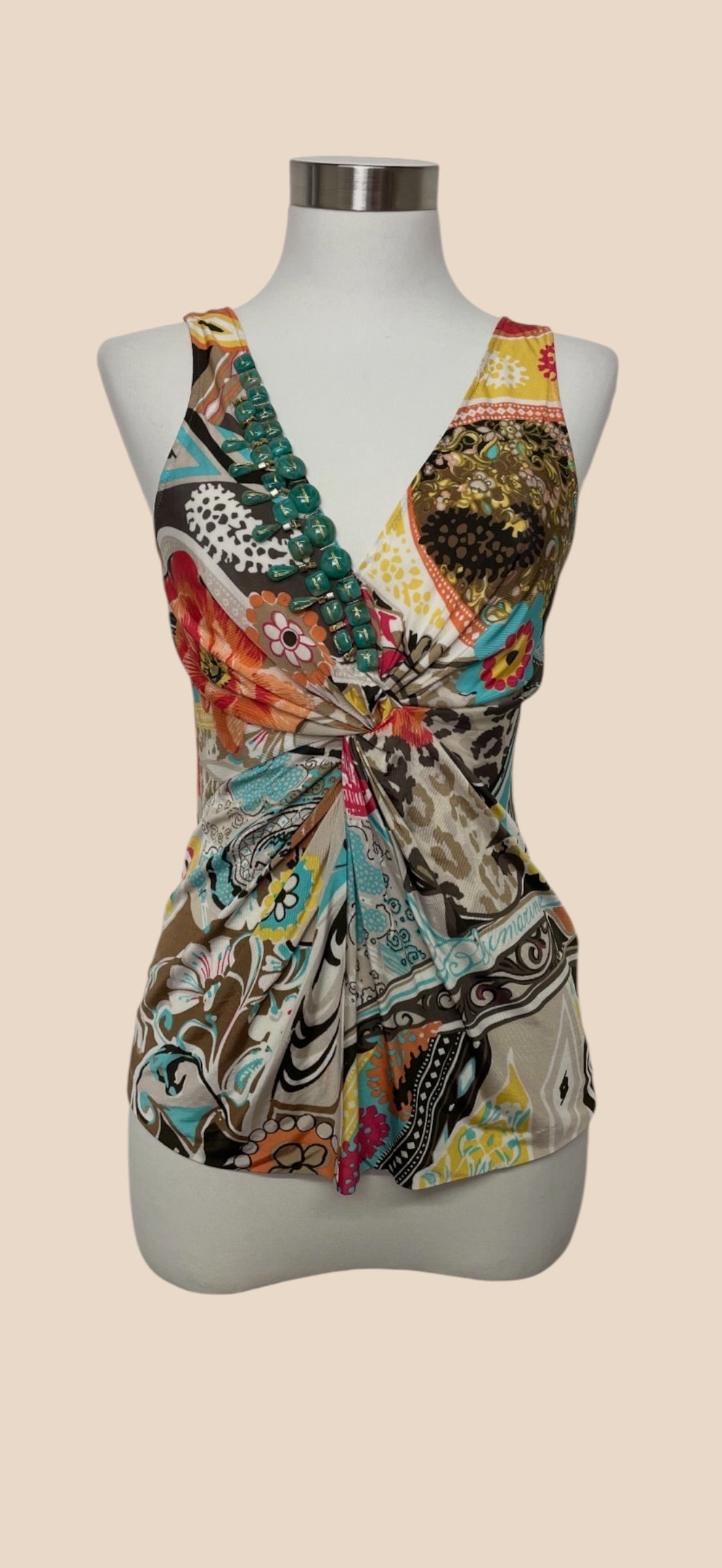 Blumarine Multicolor Sleeveless Draped V-Neck Top s