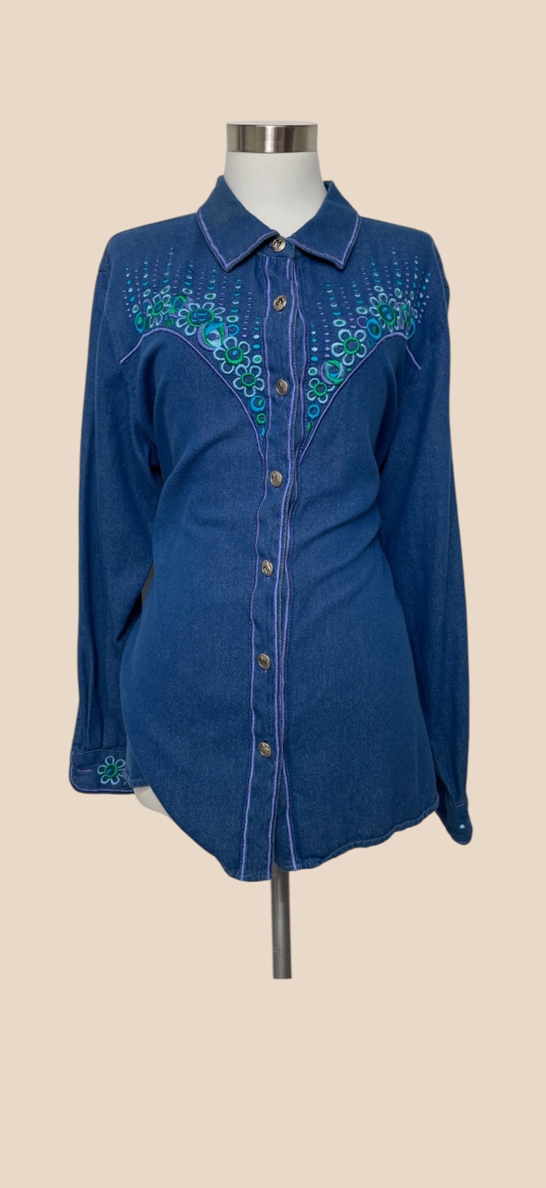 Bob Mackie Blue Denim Floral Embroidered Western Button-Up Shirt