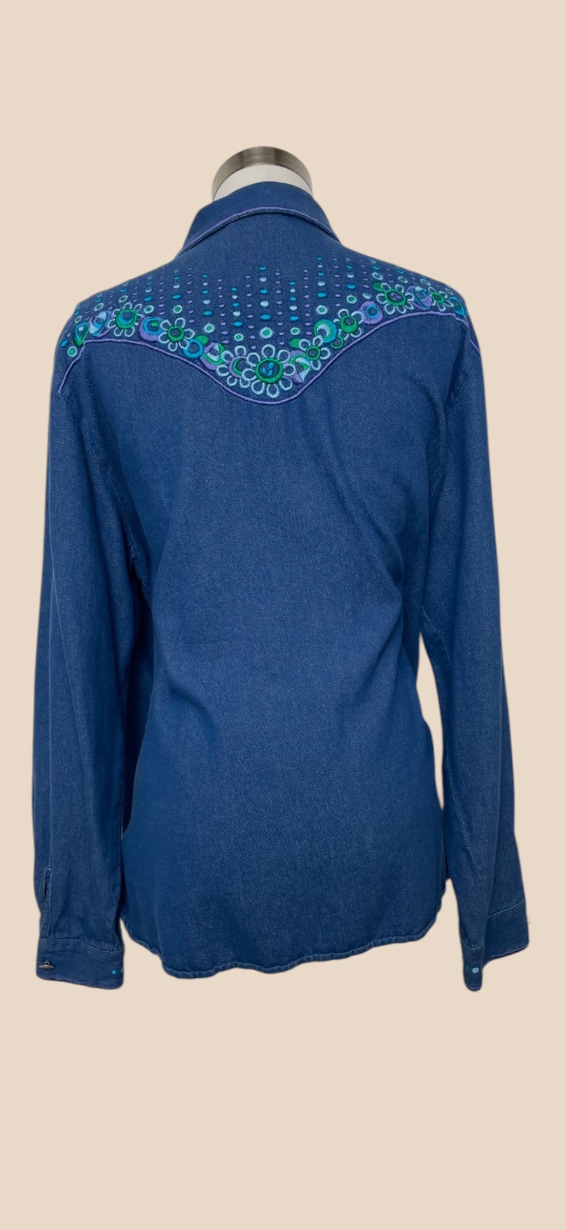 Bob Mackie Blue Denim Floral Embroidered Western Button-Up Shirt