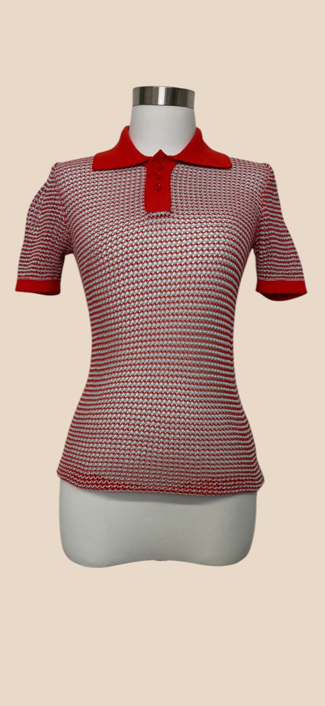 Bottega Veneta Red & White Textured Knit Short-Sleeve Polo