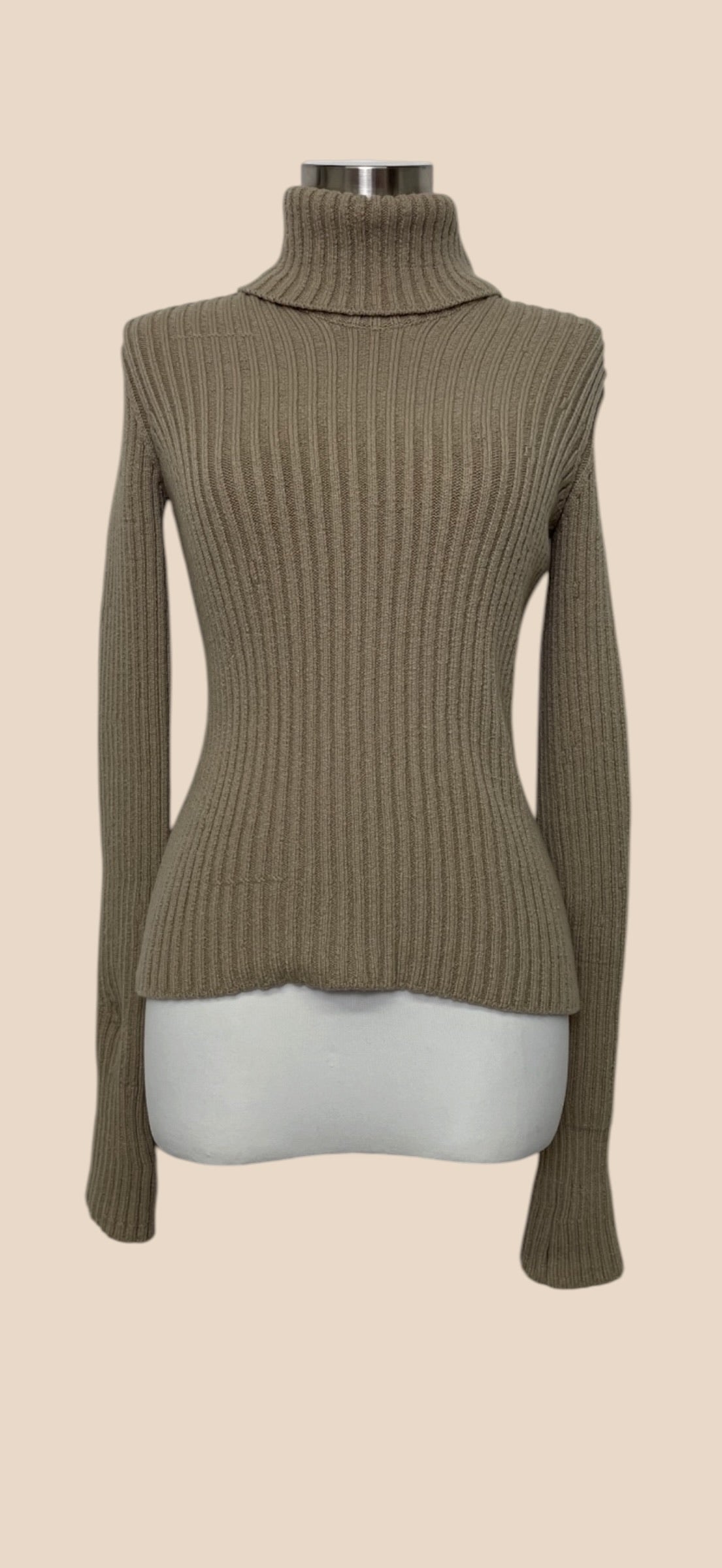 Bottega Veneta Taupe Ribbed Knit Turtleneck Sweater