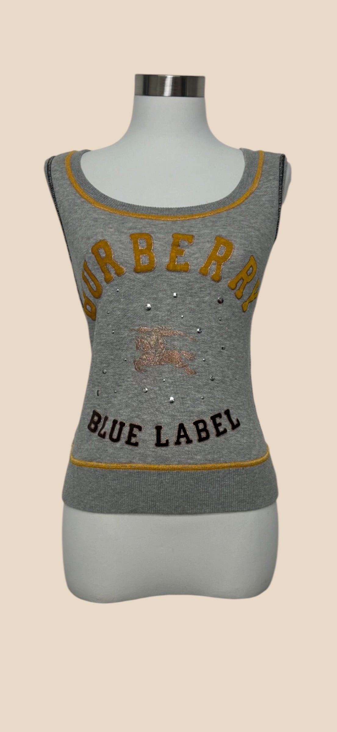 Burberry Blue Label Gray Logo Embellished Sleeveless Knit Top