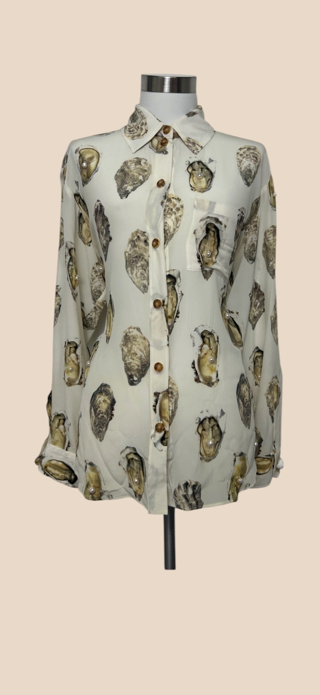 Burberry White Oyster Print Long-Sleeve Button-Up Shirt