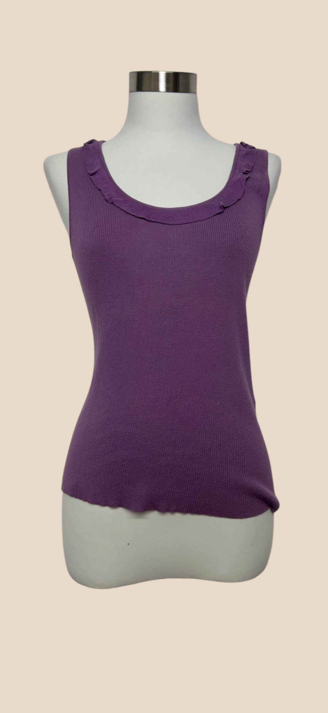 Celine Purple Ribbed Knit Ruffle Trim Tank Top