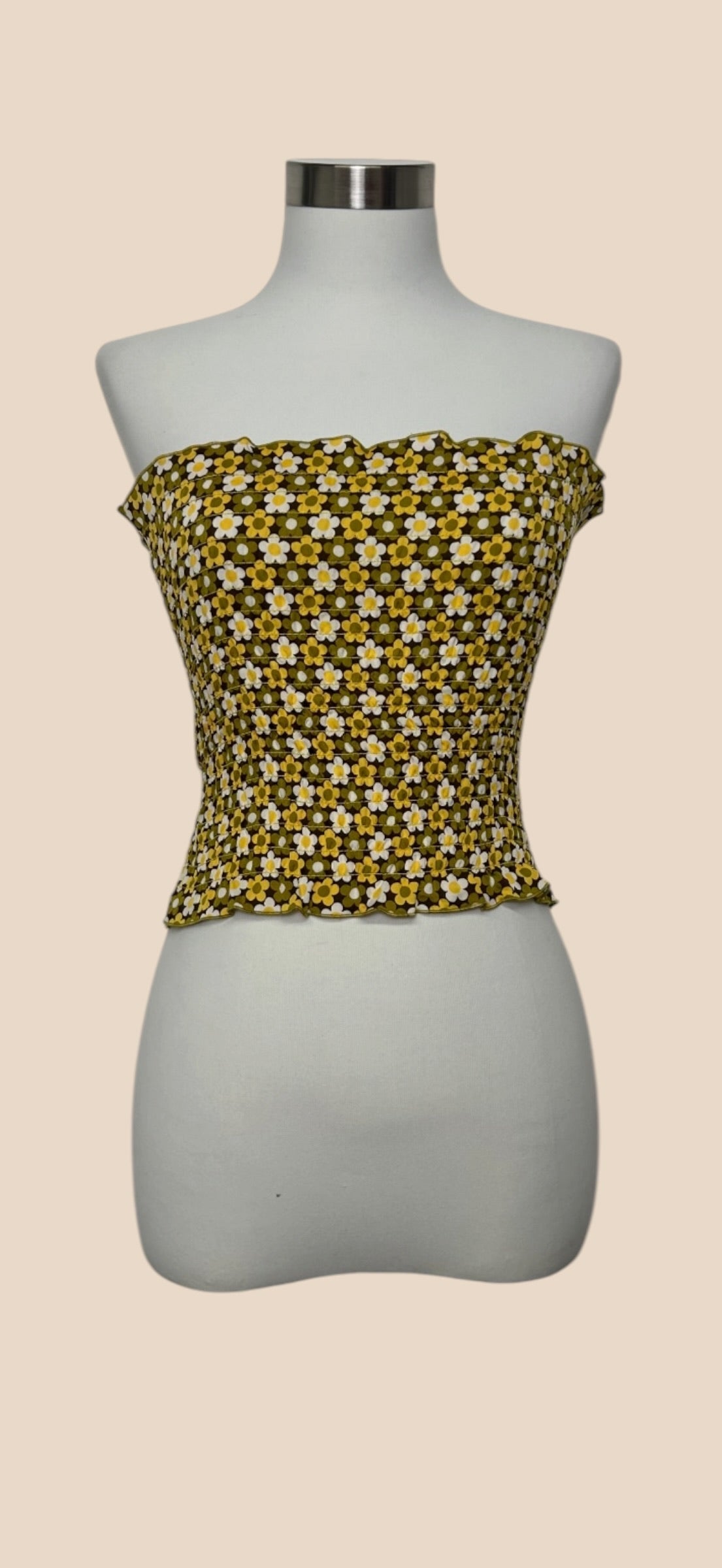 Celine Yellow & White Floral Print Smocked Strapless Top