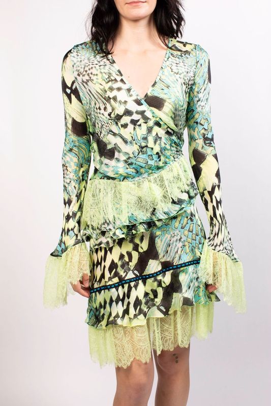 Roberto Cavalli Green Checkered & Lace Long Sleeve & Mini Skirt Set