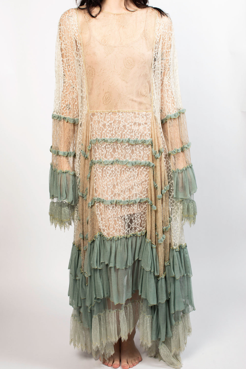 Chloe Beige & Blue Ruffle Flowy Long Sleeve Gown