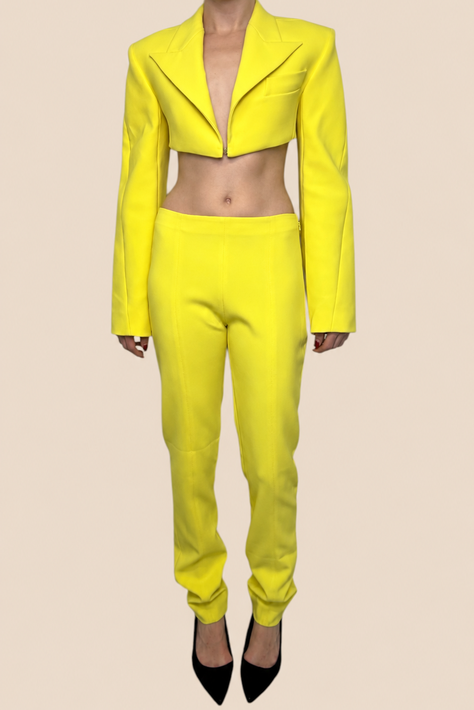 Mugler Bright Yellow Cropped Blazer & Pants Set