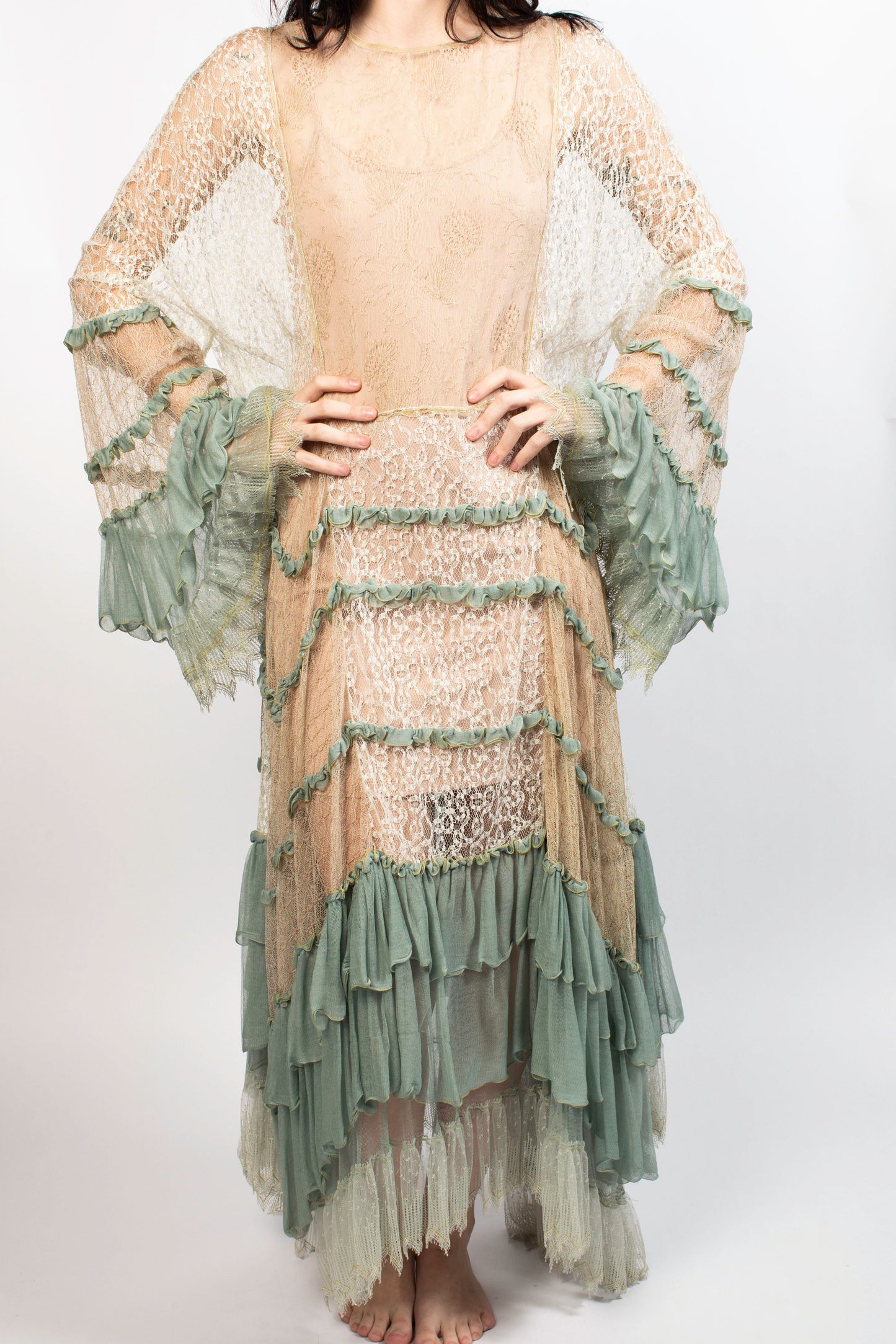 Chloe Beige & Blue Ruffle Flowy Long Sleeve Gown