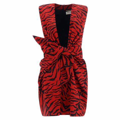 Saint Laurent Red & Black Zebra Mini Dress With Front Tie