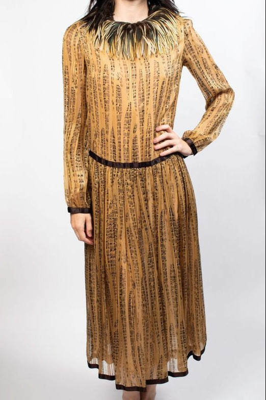 Chloe Yellow Long Sleeve Maxi Dress With Feather Collar