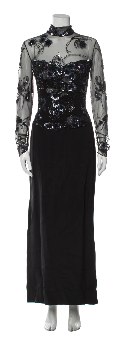 Reem Acra Black Sequin Flower Gown