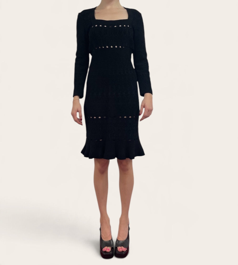 Alaïa Black Long Sleeve Square Neck Cutout Ruffle Hem Knee-Length Dress