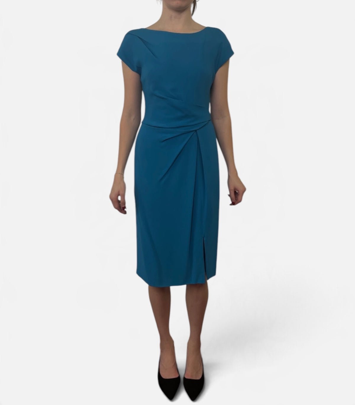 Alberta Ferretti Teal Blue Cap Sleeve Draped Knee-Length Dress
