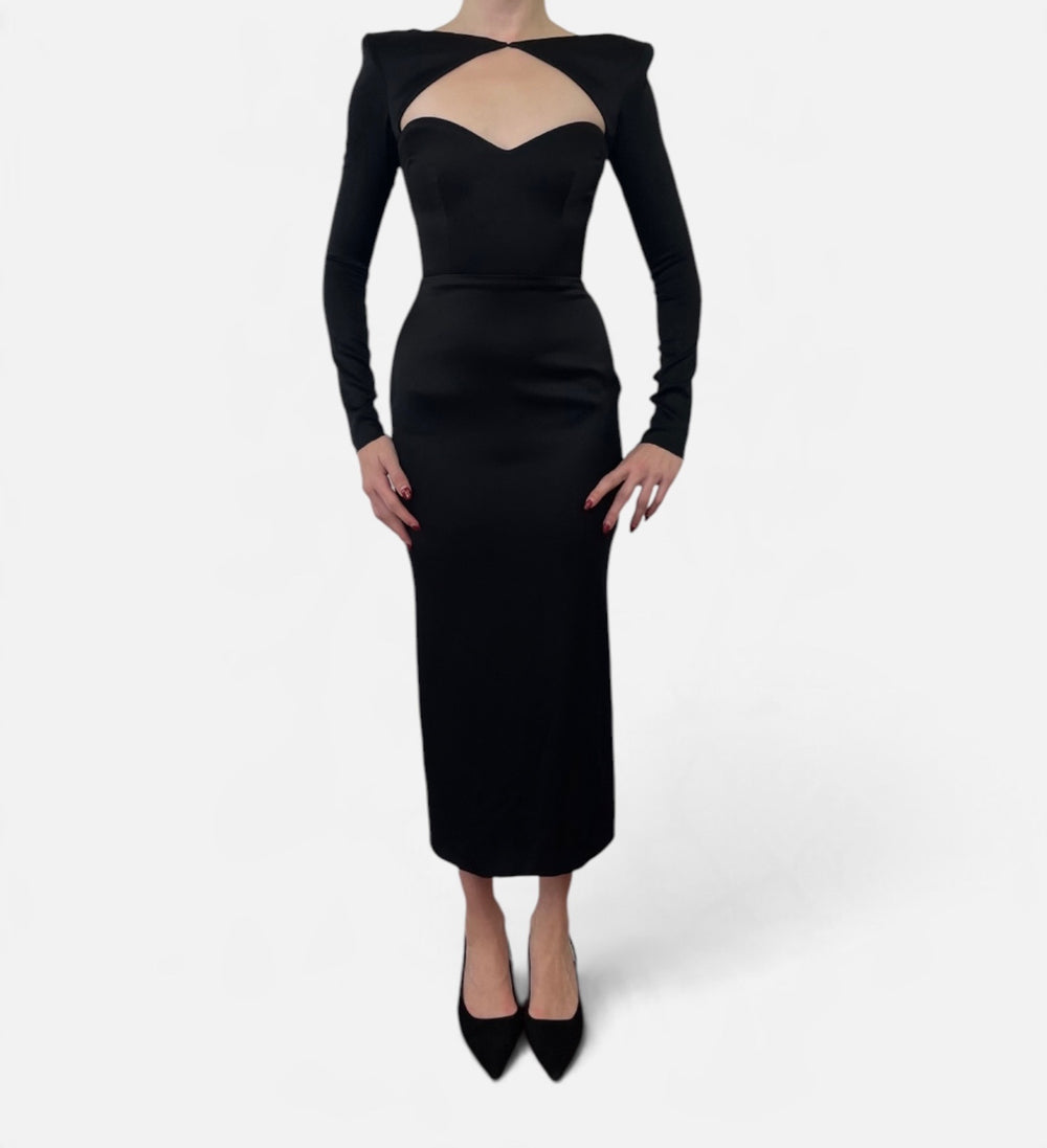 Alex Perry Black Long Sleeve Cutout Sweetheart Neckline Midi Dress