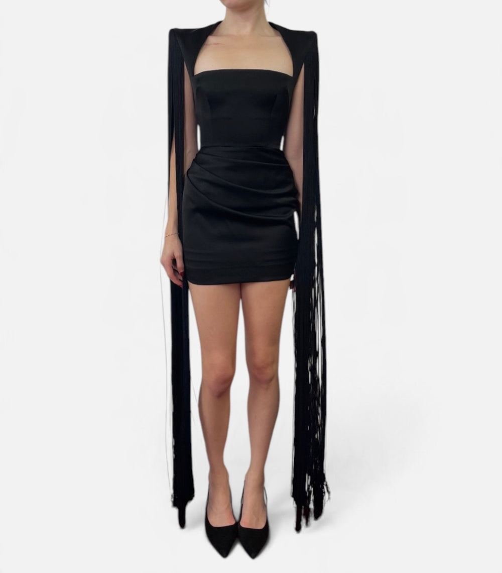 Alex Perry Black Strapless Long Fringe Cape Mini Dress