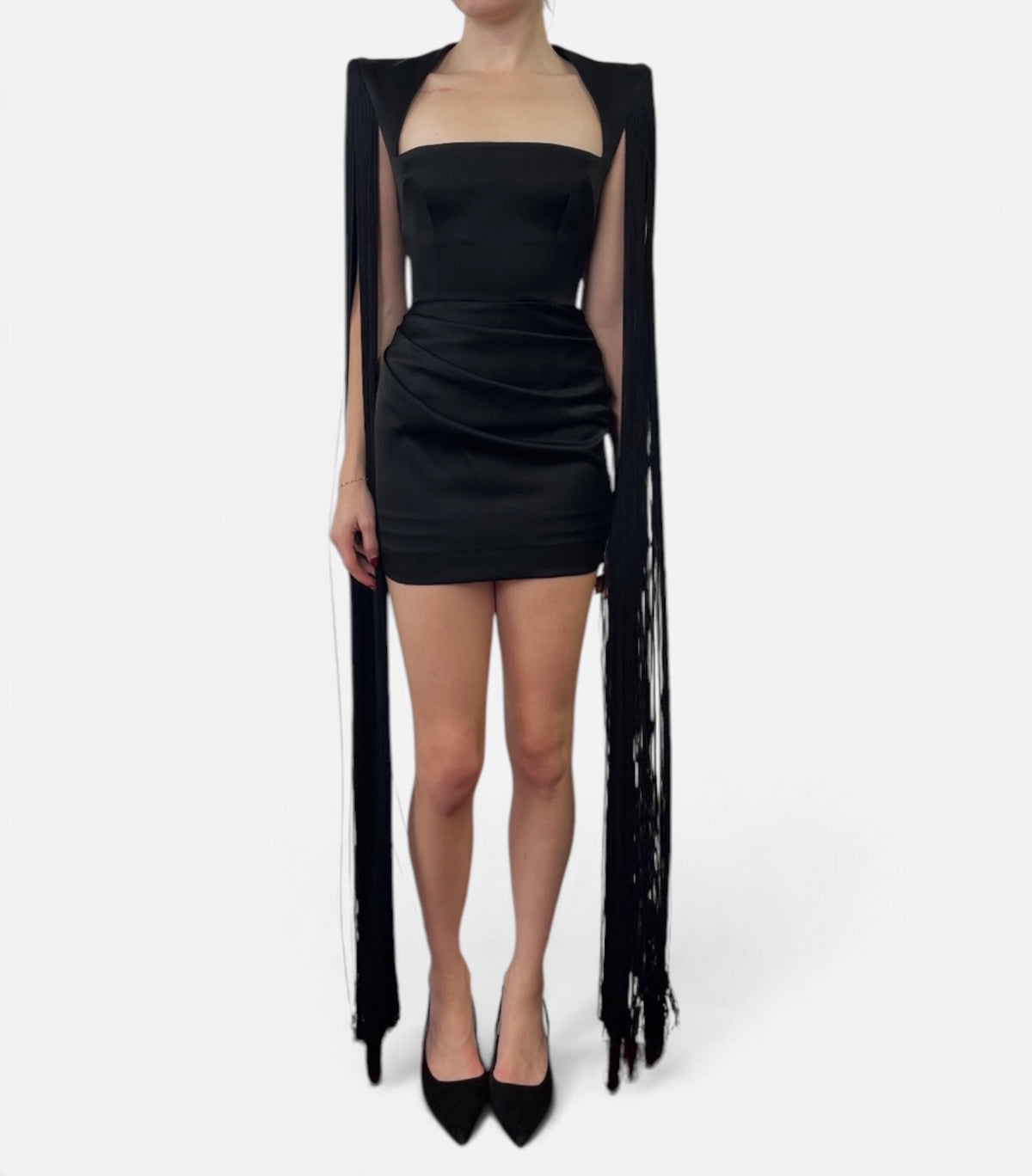 Alex Perry Black Strapless Long Fringe Cape Mini Dress