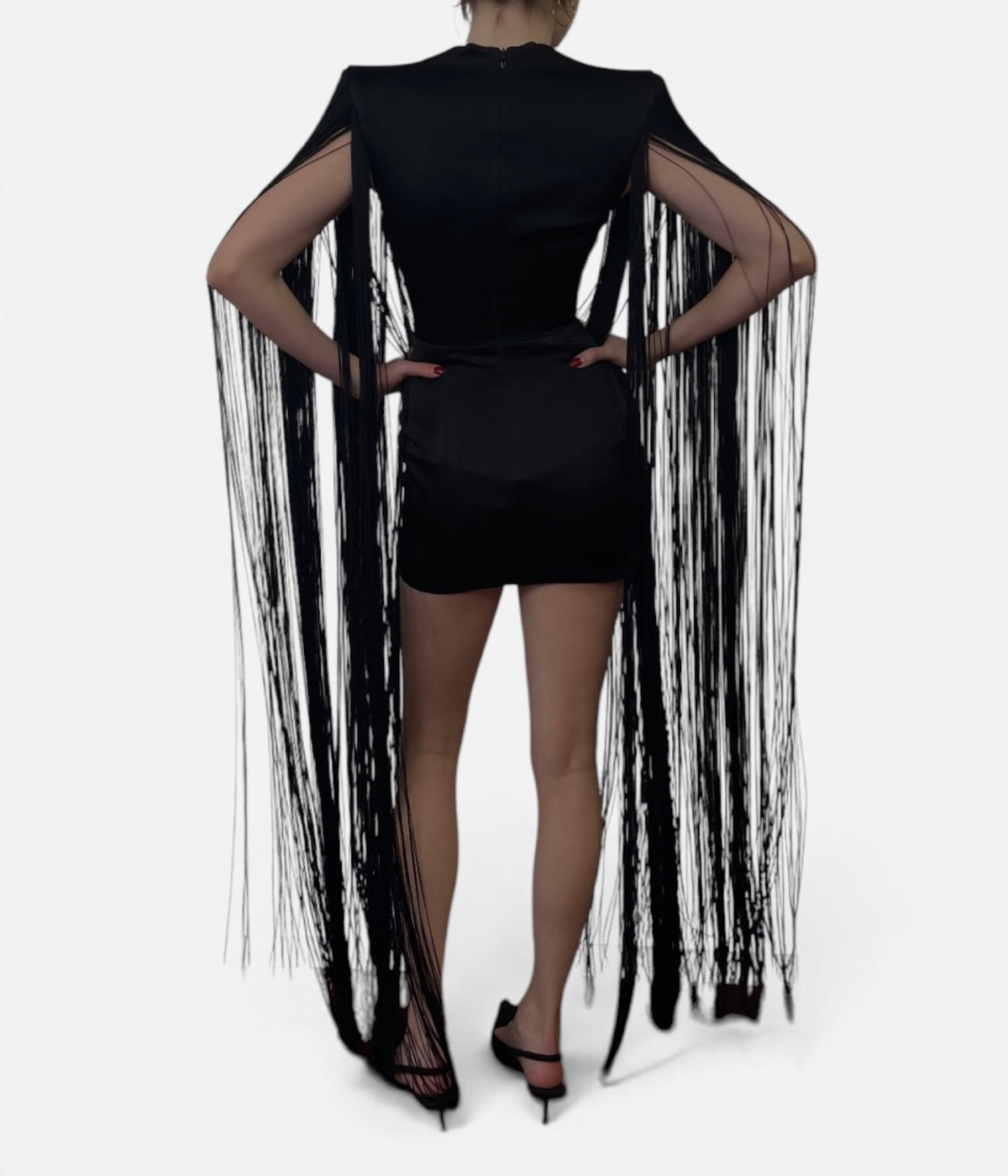 Alex Perry Black Strapless Long Fringe Cape Mini Dress