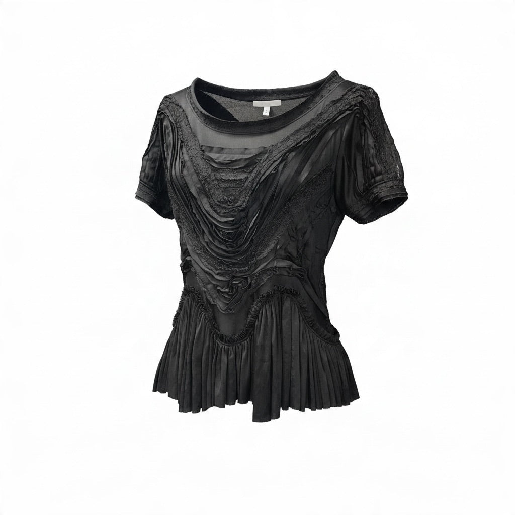 Issey Miyake Black Draped Ruffle Pleated Short Sleeve Top