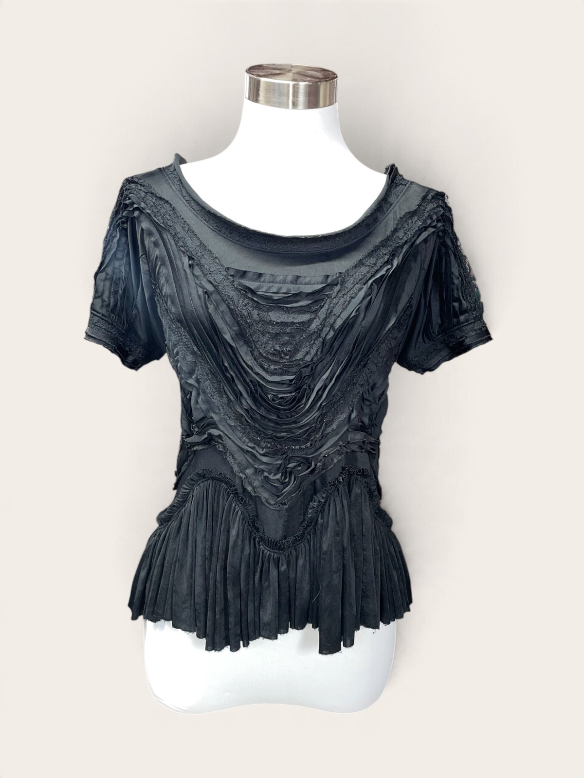 Issey Miyake Black Draped Ruffle Pleated Short Sleeve Top