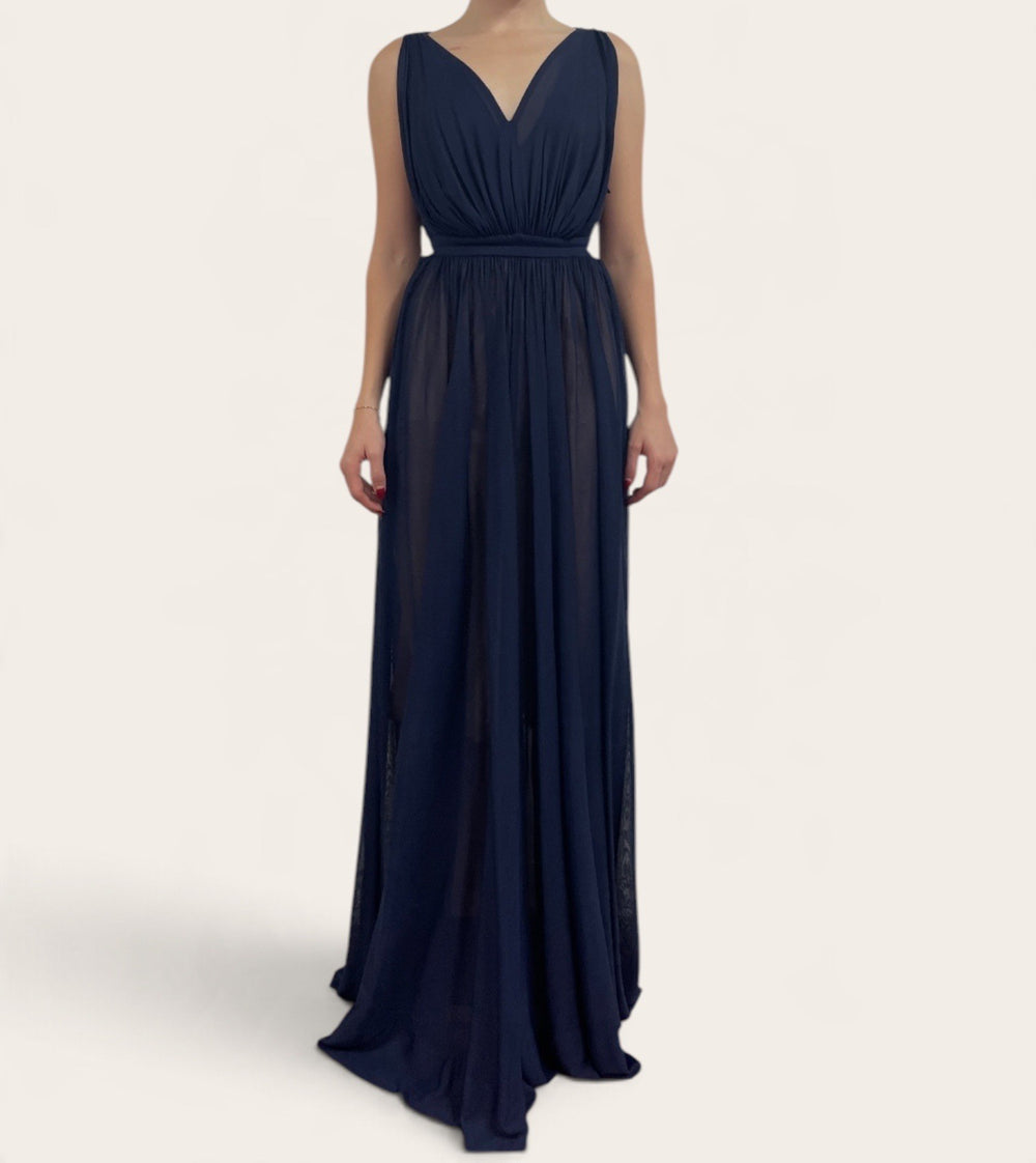 Alaïa Navy Blue Draped V-Neck Open Back Maxi Dress