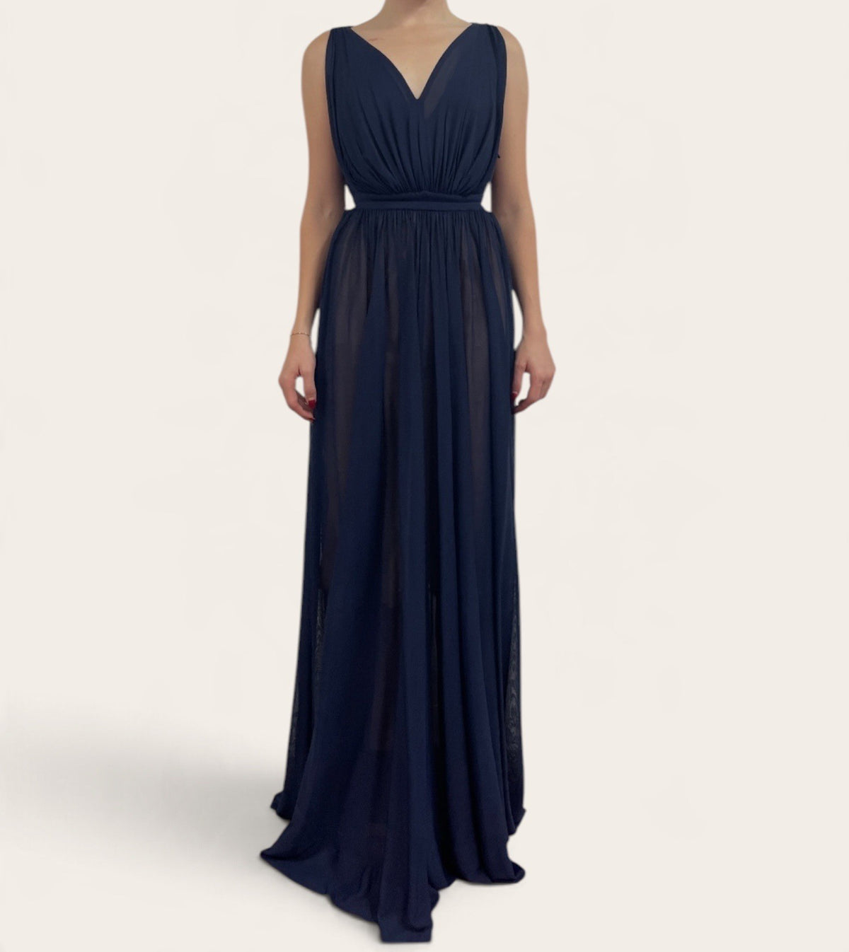 Alaïa Navy Blue Draped V-Neck Open Back Maxi Dress