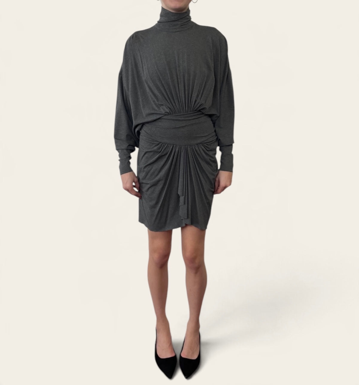 Alexandre Vauthier Grey Draped Turtleneck Batwing Sleeve Mini Dress