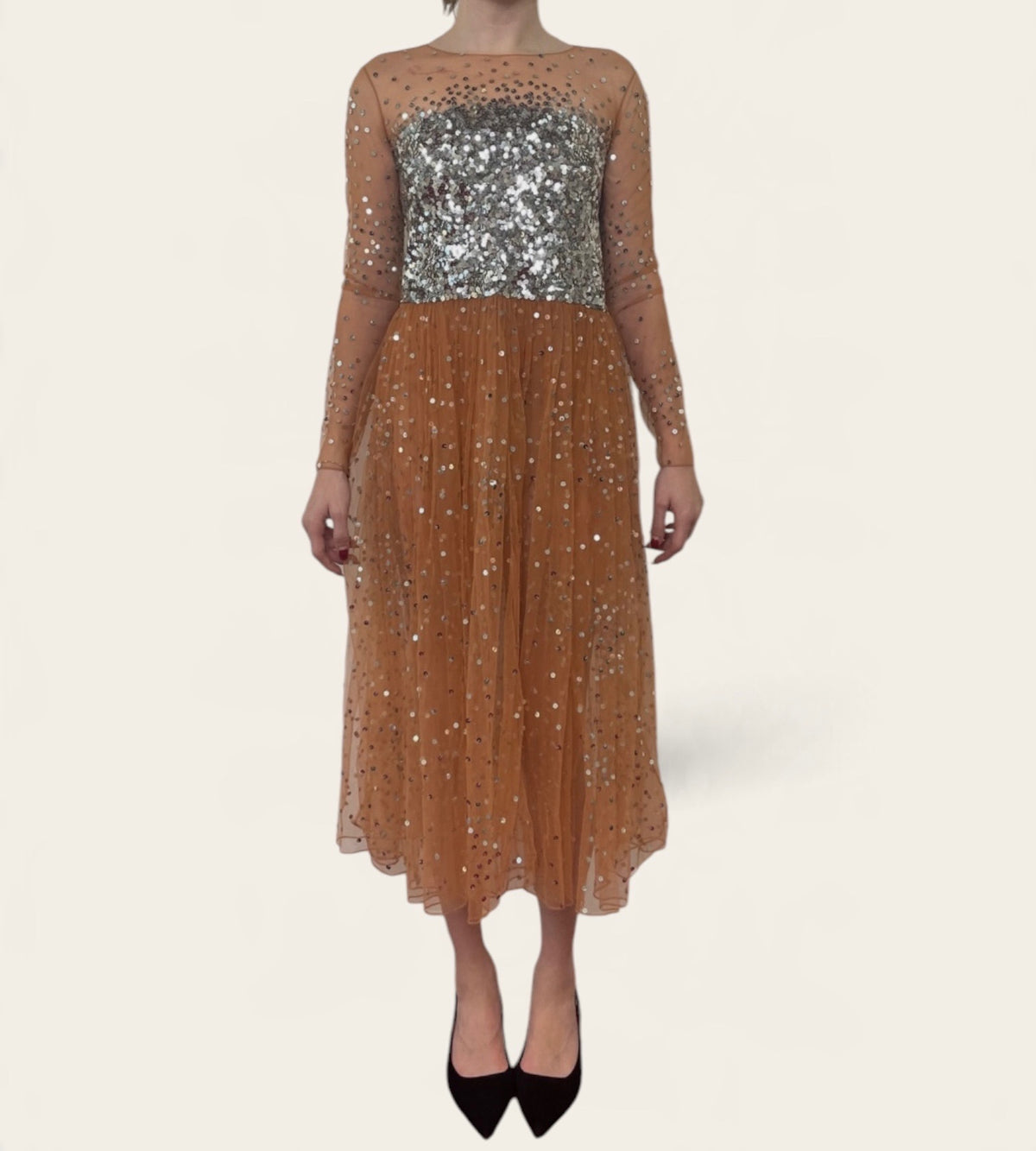 Ashish Nude & Silver Sequin Sheer Tulle Long Sleeve Midi Dress