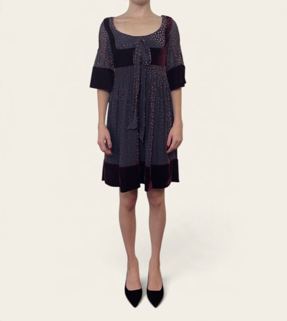 Anna Sui Burgundy Polka Dot Velvet Trim Bow Dress