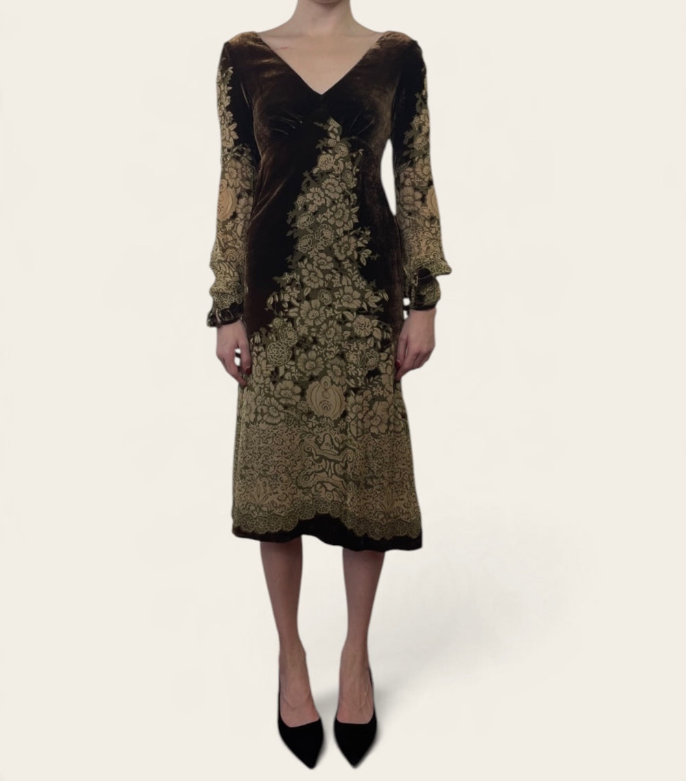Anna Sui Brown Floral Velvet Long Sleeve Midi Dress