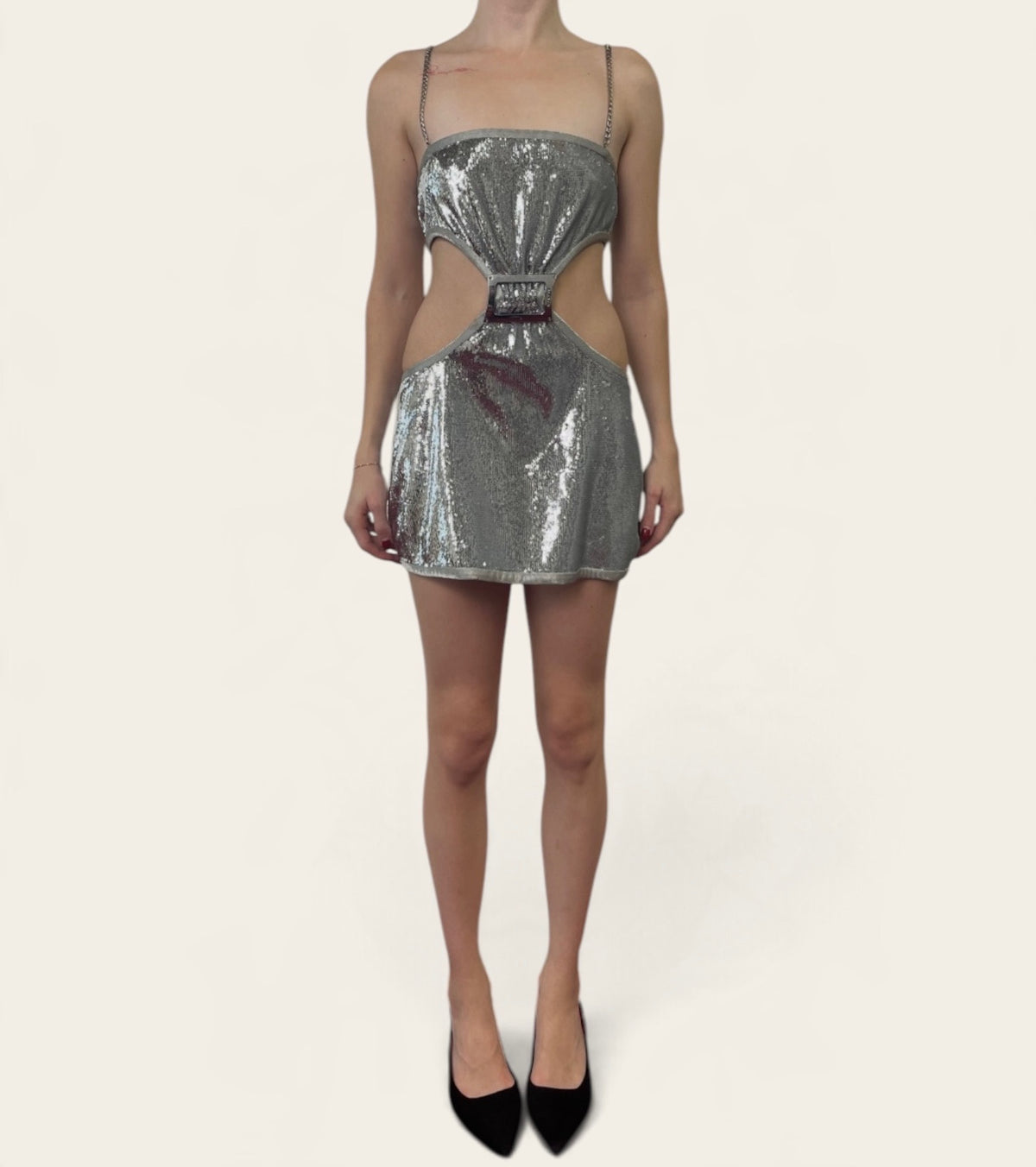 Annakiki Silver Sequin Cutout Buckle Mini Dress