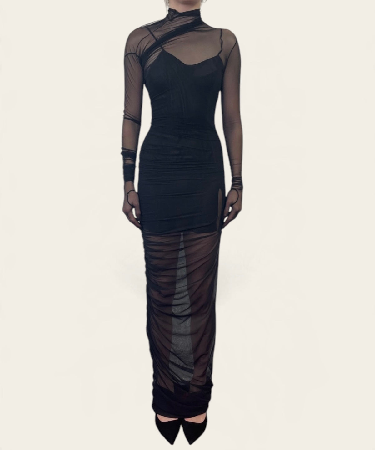 Ann Demeulemeester Black Sheer Ruched Mesh Maxi Dress