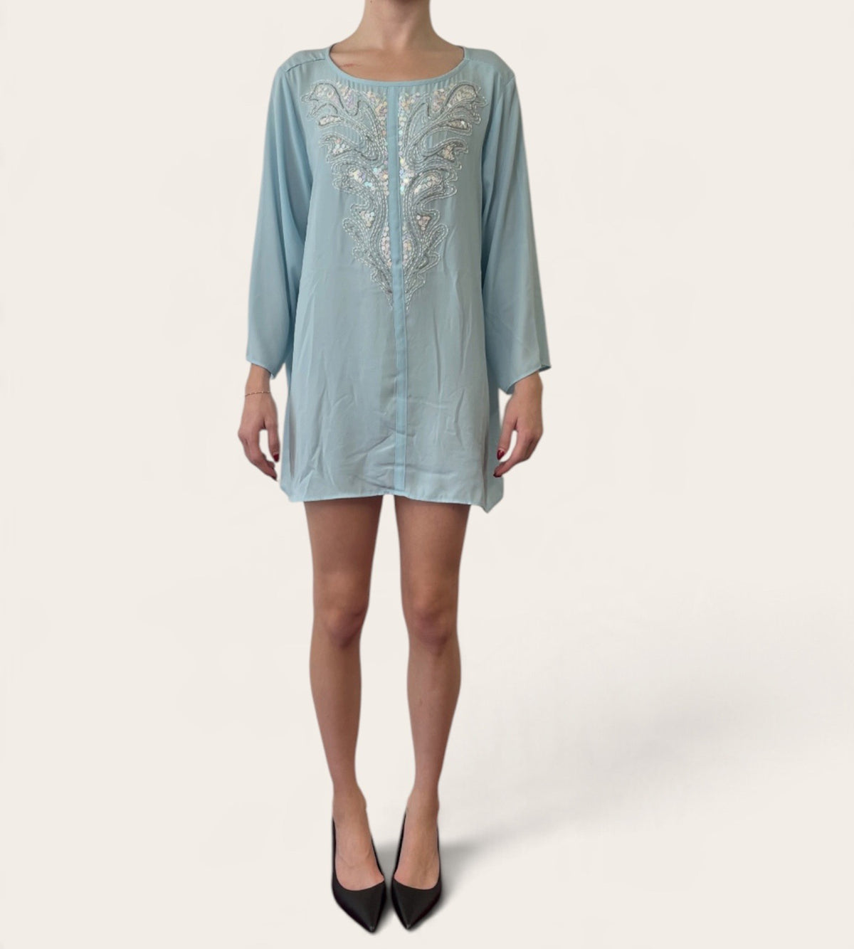 Bob Mackie Light Blue Long Sleeve Embellished Mini Shift Dress