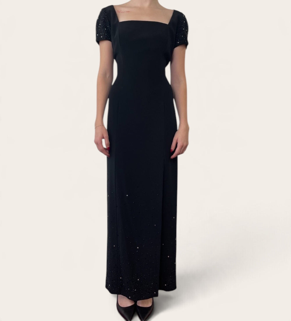 Bob Mackie Black Embellished Puff Sleeve Square Neck Maxi Dress