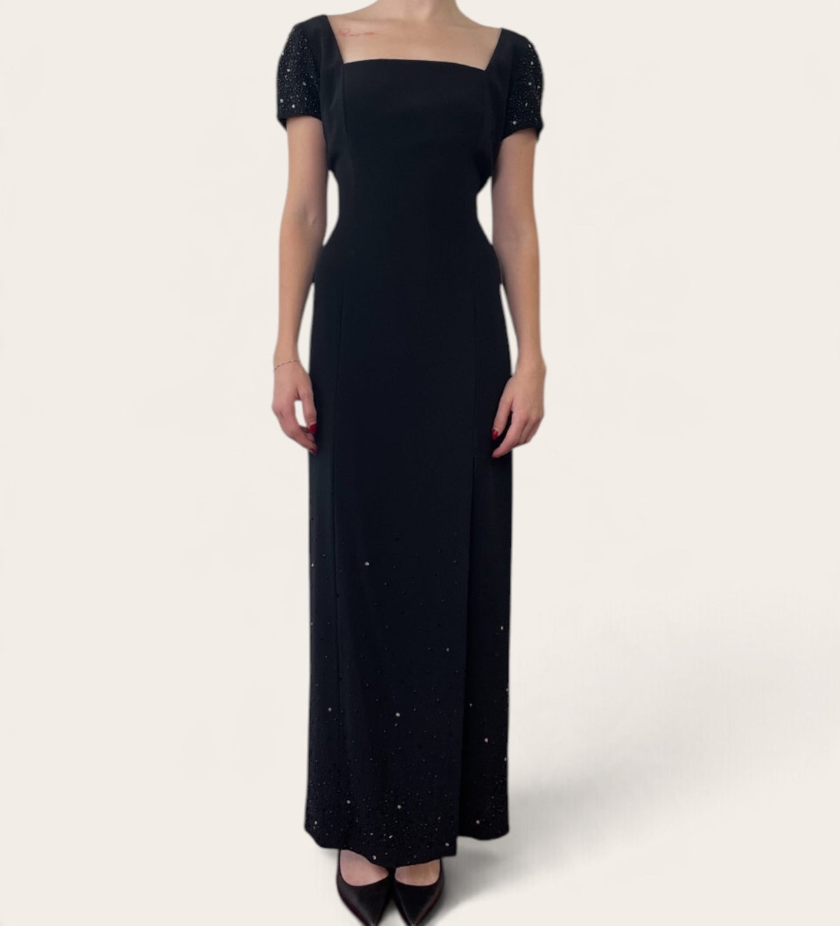 Bob Mackie Black Embellished Puff Sleeve Square Neck Maxi Dress