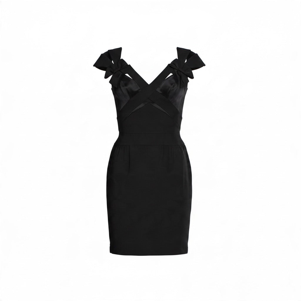 Mugler Black Satin Bow Shoulder Crisscross Strap Mini Dress