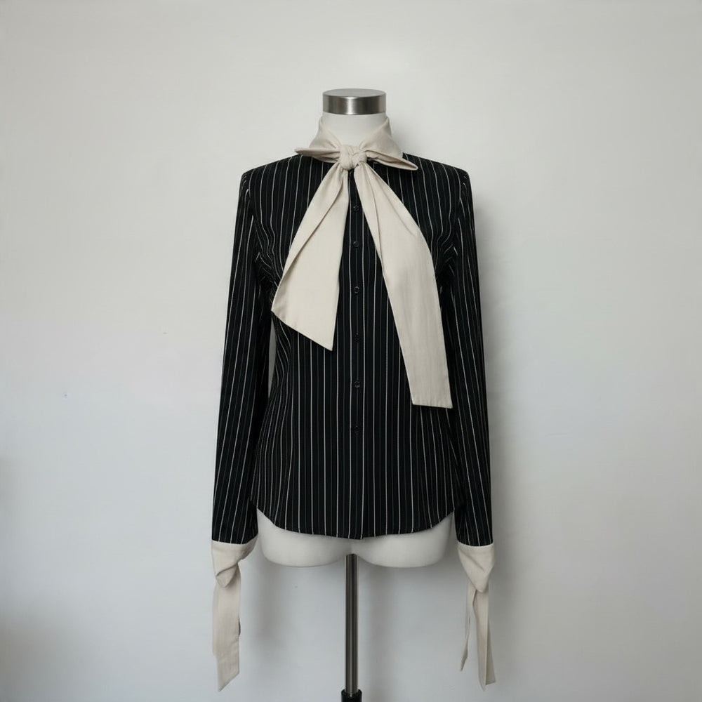 Alexander McQueen Black Pinstripe Long Sleeve Contrast Bow Tie Blouse