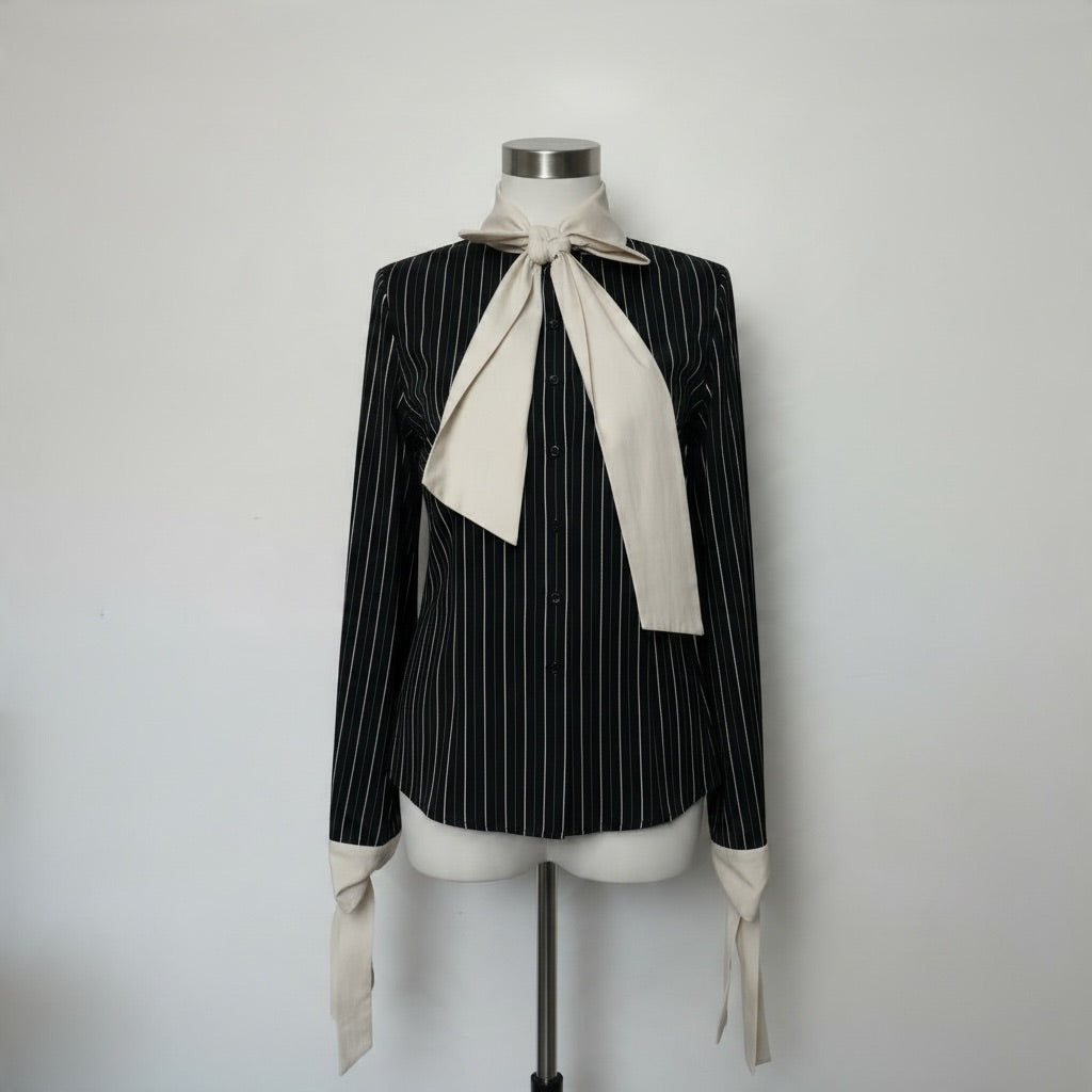 Alexander McQueen Black Pinstripe Long Sleeve Contrast Bow Tie Blouse