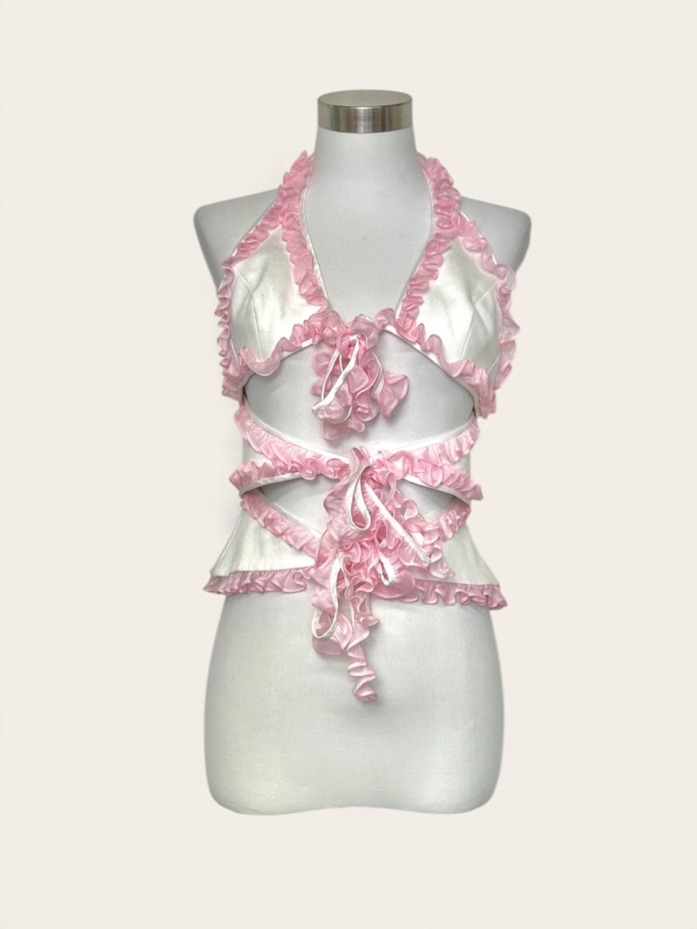 Acne Studios White & Pink Ruffle Trim Halter Neck Cutout Tie-Front Top