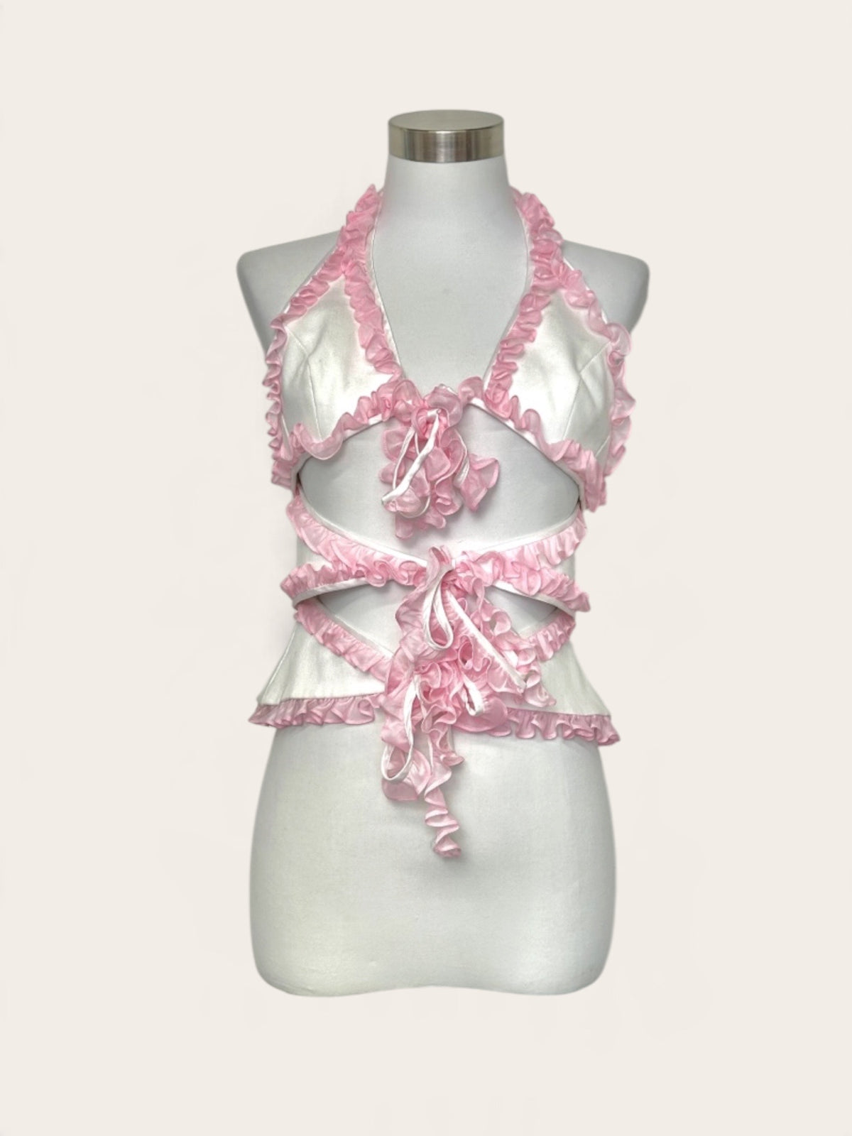 Acne Studios White & Pink Ruffle Trim Halter Neck Cutout Tie-Front Top