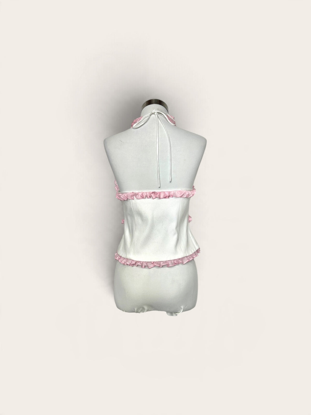 Acne Studios White & Pink Ruffle Trim Halter Neck Cutout Tie-Front Top