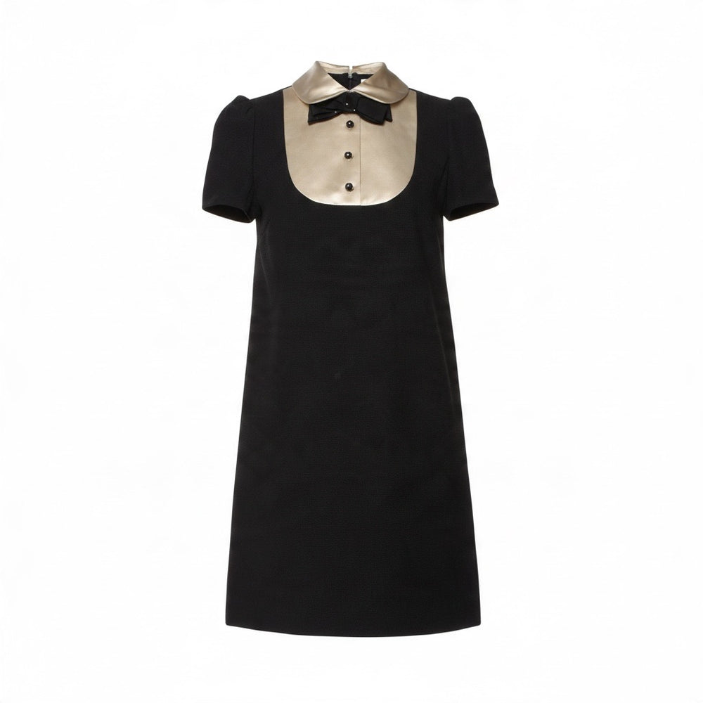 Miu Miu Black & Ivory Contrast Bib Bow Collar Puff Sleeve Mini Dress