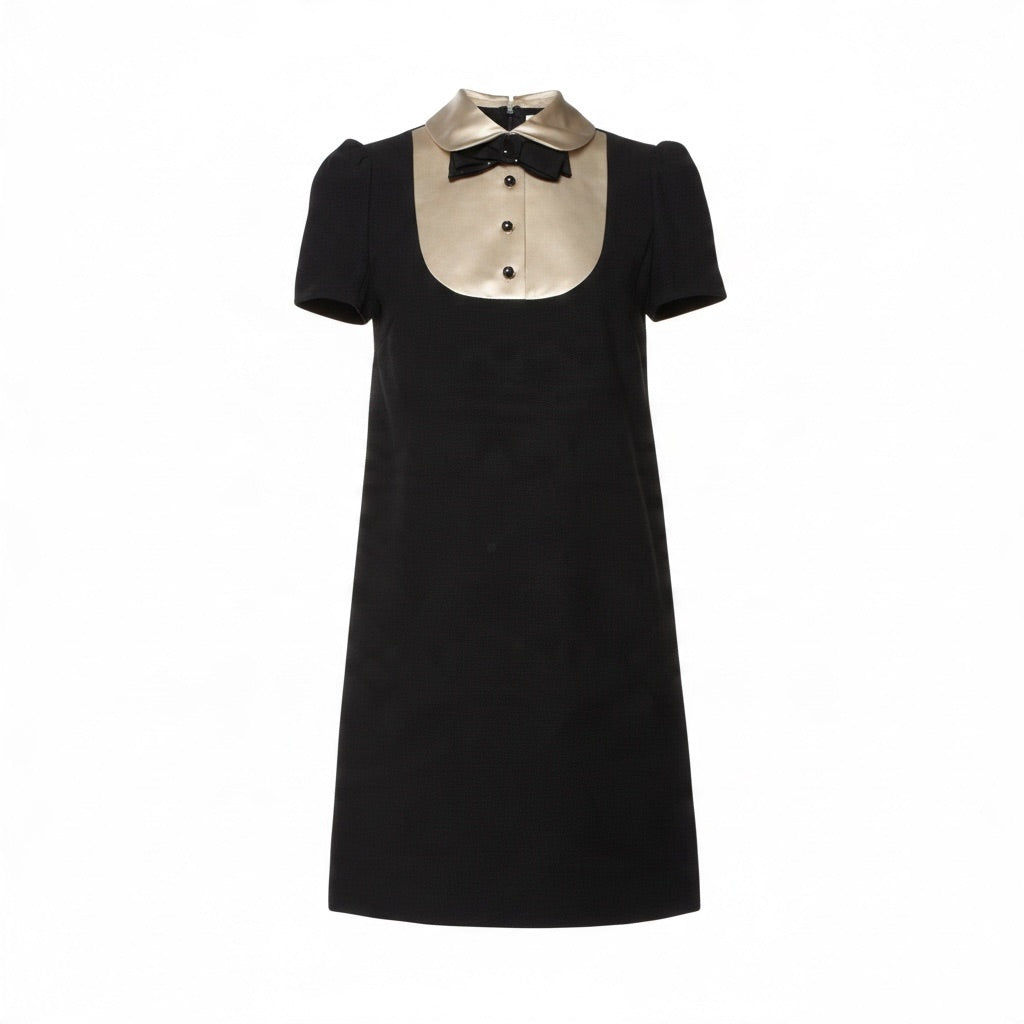Miu Miu Black & Ivory Contrast Bib Bow Collar Puff Sleeve Mini Dress