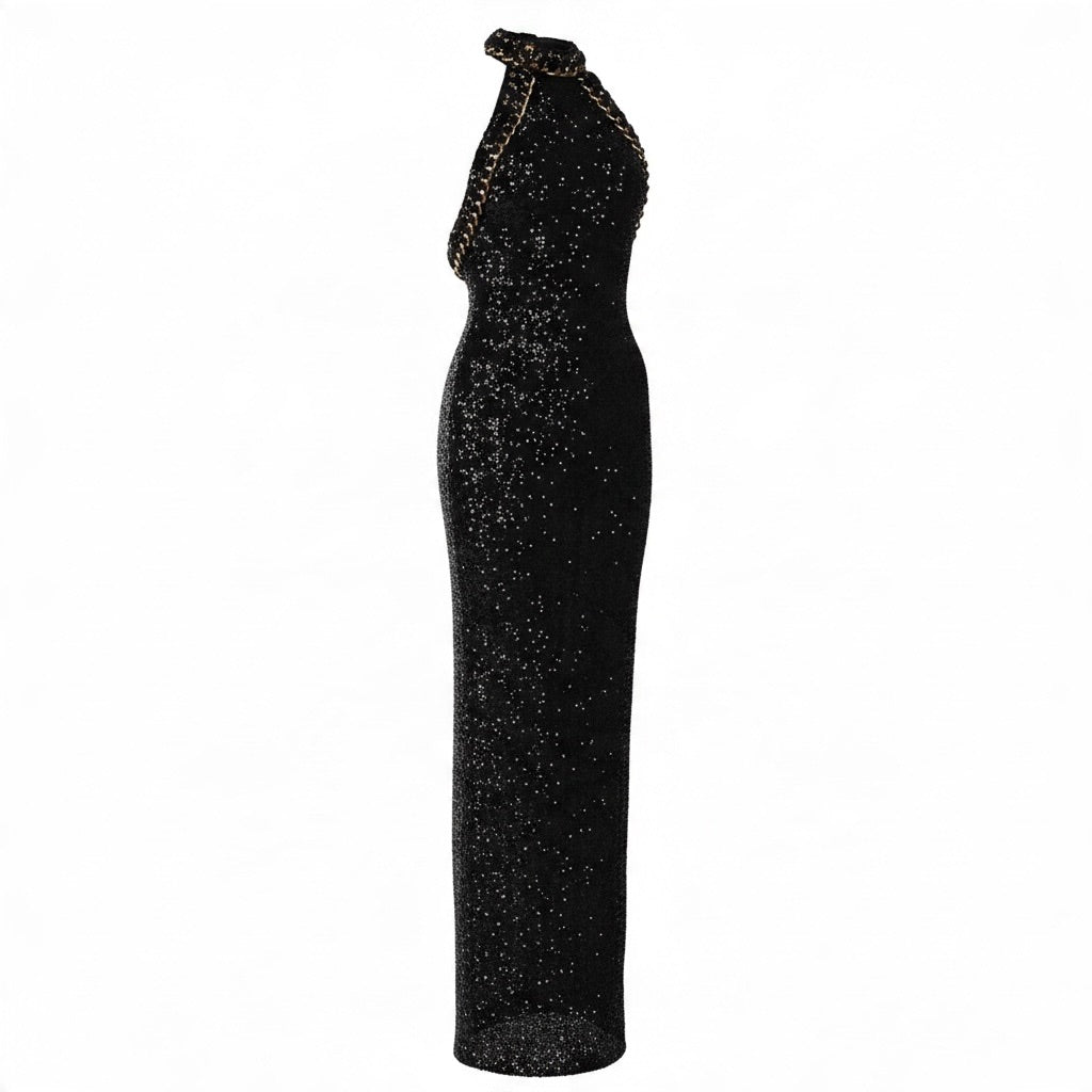 Balmain Black Crystal Embellished Bodycon Maxi Dress