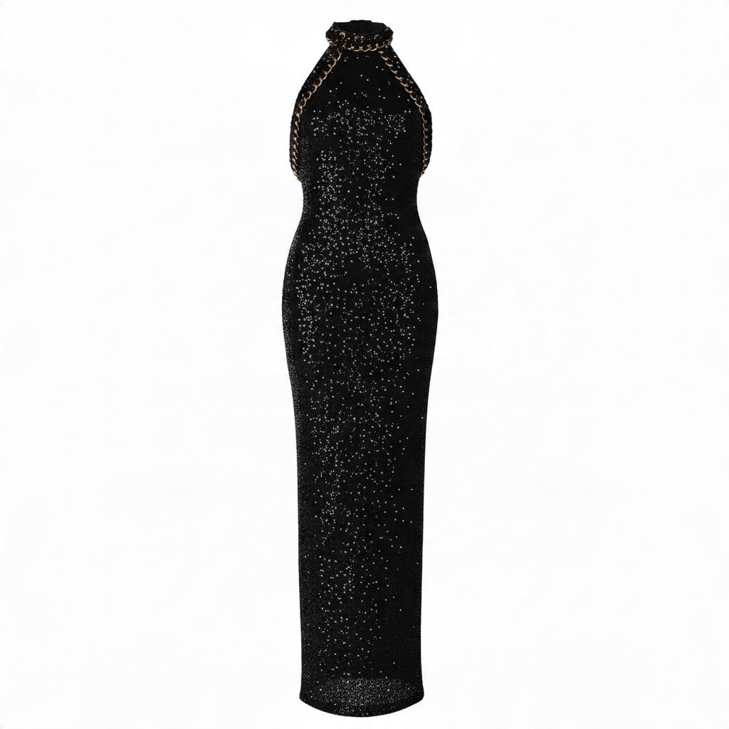 Balmain Black Crystal Embellished Bodycon Maxi Dress