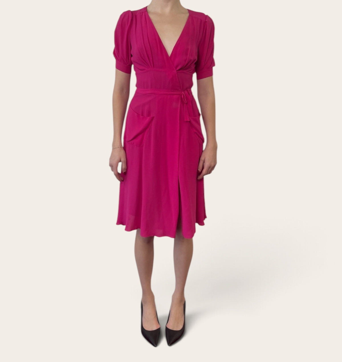 Balenciaga Hot Pink V-Neck Puff Sleeve Midi Dress