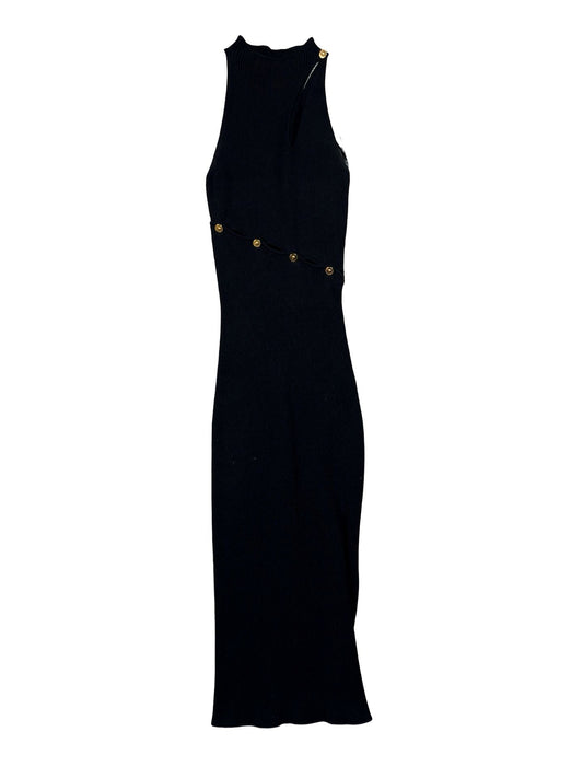 Versace Black Ribbed Gold Button Accent Maxi Dress