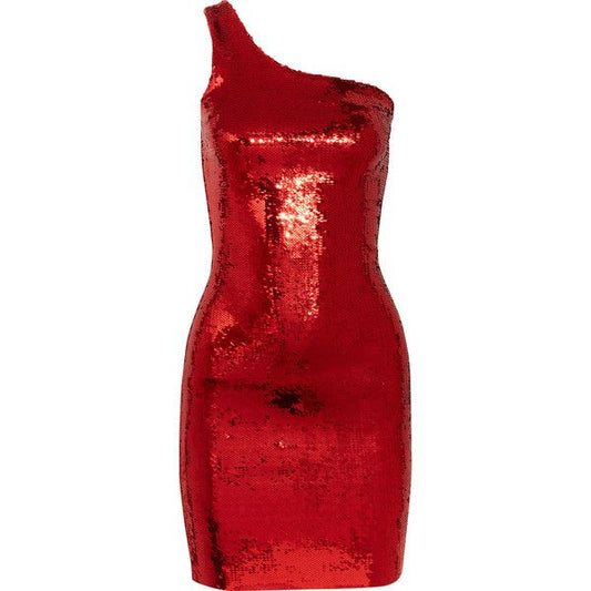 Saint Laurent Red Sequin One Shoulder Bodycon Mini Dress